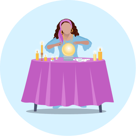 Person standing behind the table with a mystic crystal ball on the table, creating an misconceptions on hypnosis. like hypnosis is magical or mystical